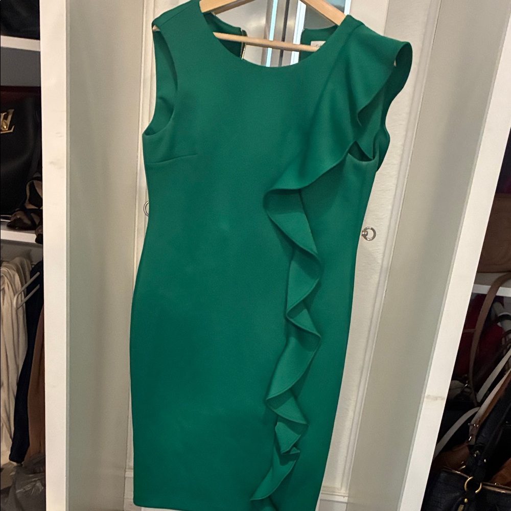 Calvin Klein Emerald Green Ruffle Sheath Midi Dress